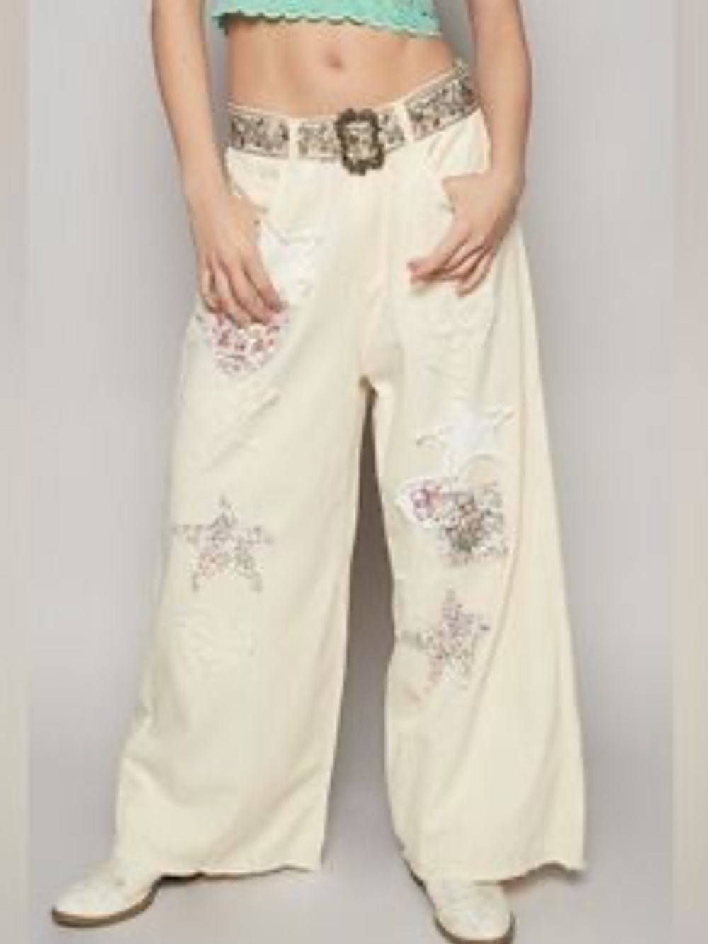 New: POL “Heart + Stars” Distressed Mixed Embroidery Patchwork Wide Leg Pants• M - Picture 5 of 5